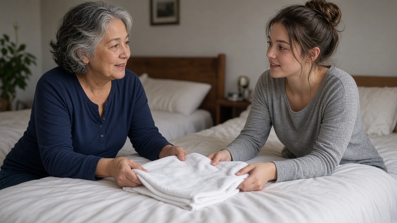 This image shows an elderly woman and a young woman sitting on a bed in a softly lit bedroom, both holding opposite ends of a neatly folded white towel. The setting includes two beds with white linens and a bedside table, suggesting a home or caregiving environment. The interaction appears gentle and cooperative, likely depicting care or shared domestic activity involving clean towels.