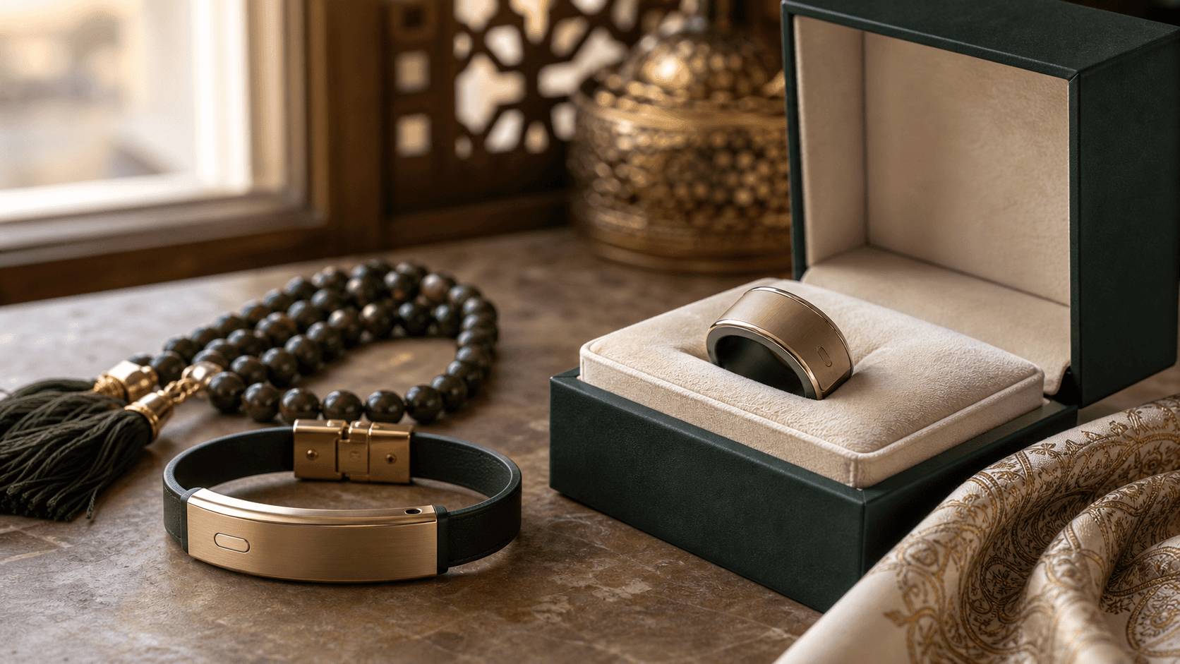 Smart Dhikr jewellery in a gift box with prayer beads, a thoughtful halal gift in Islam