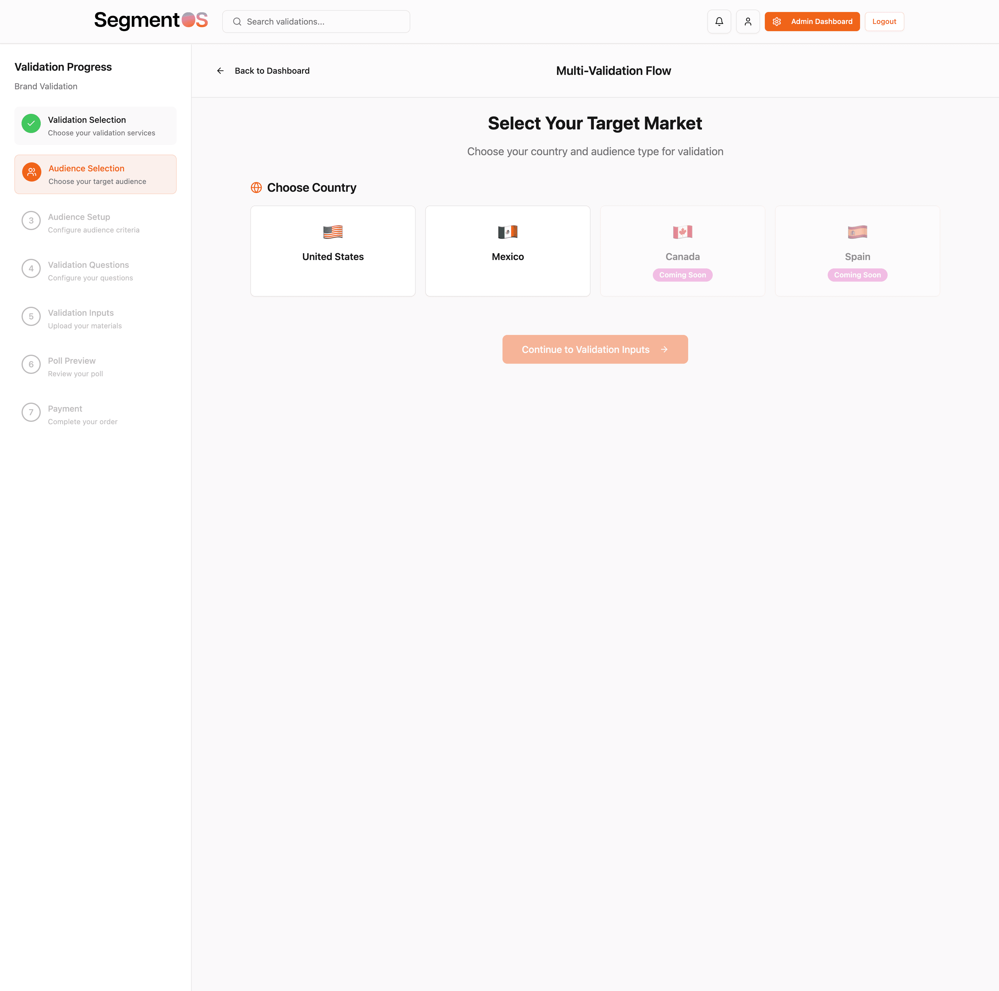 The **Audience Selection** step in the SegmentOS dashboard, where a user selects their target market. The screen shows country options including the United States and Mexico, with a 'Continue' button to proceed.