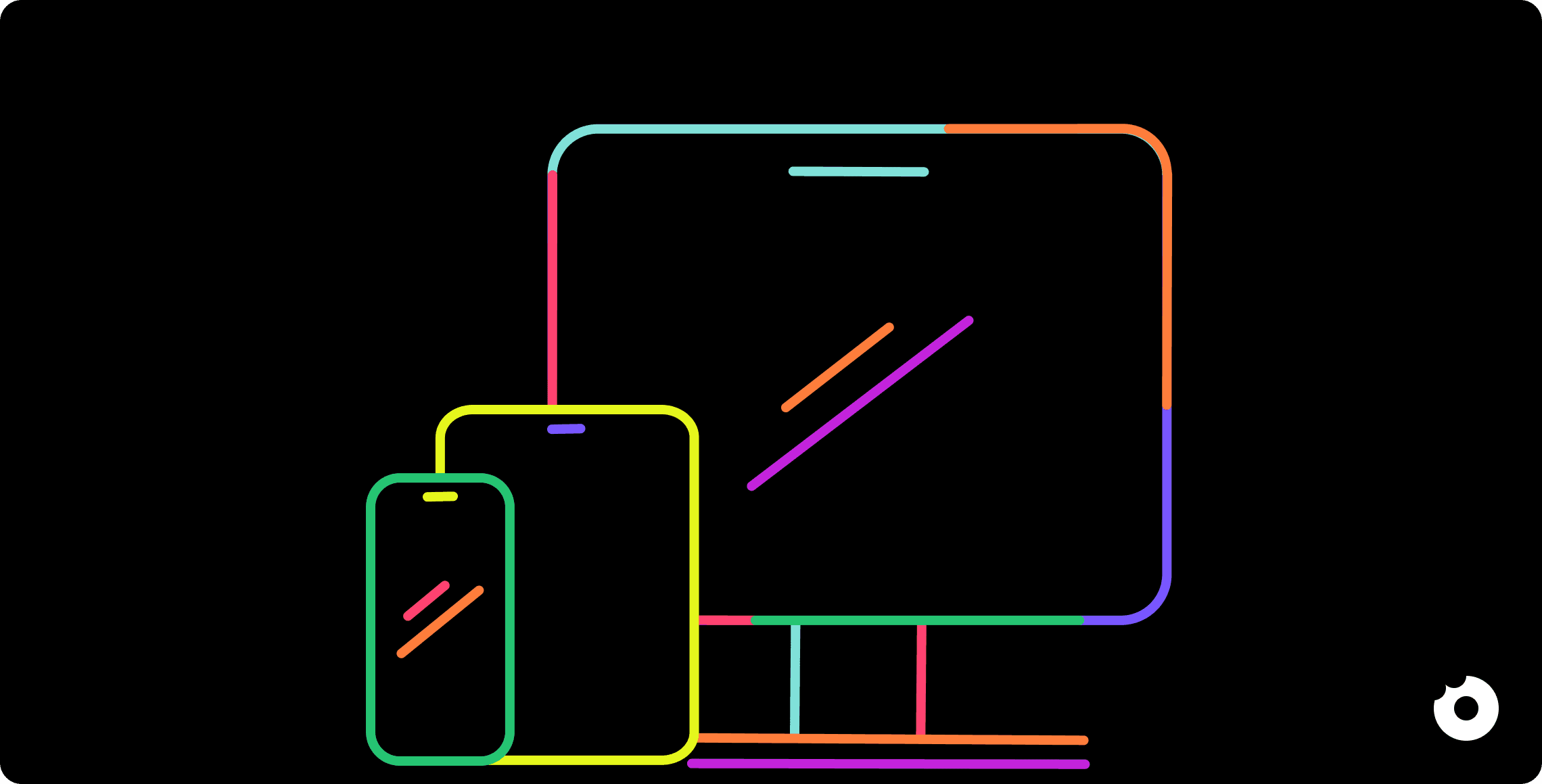 Abstract illustration of responsive design showing desktop tablet and mobile screens with colorful outlines representing cross device interfaces and layouts