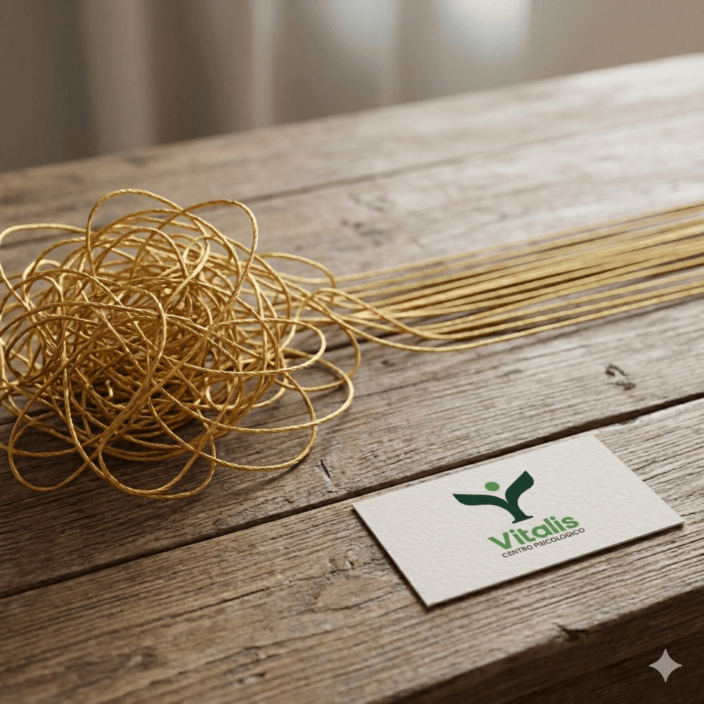 Primer plano de un ovillo de hilo dorado enredado que se desenreda en líneas rectas sobre una mesa de madera rústica, junto a una tarjeta de presentación de "Vitalis Centro Psicológico" con el logotipo verde.
