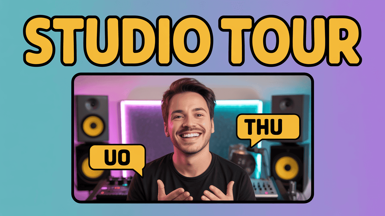 Recording Studio Tour Thumbnail Layout, featuring a smiling music producer presenting a studio with highlighted gear callouts and ambient LED lighting
