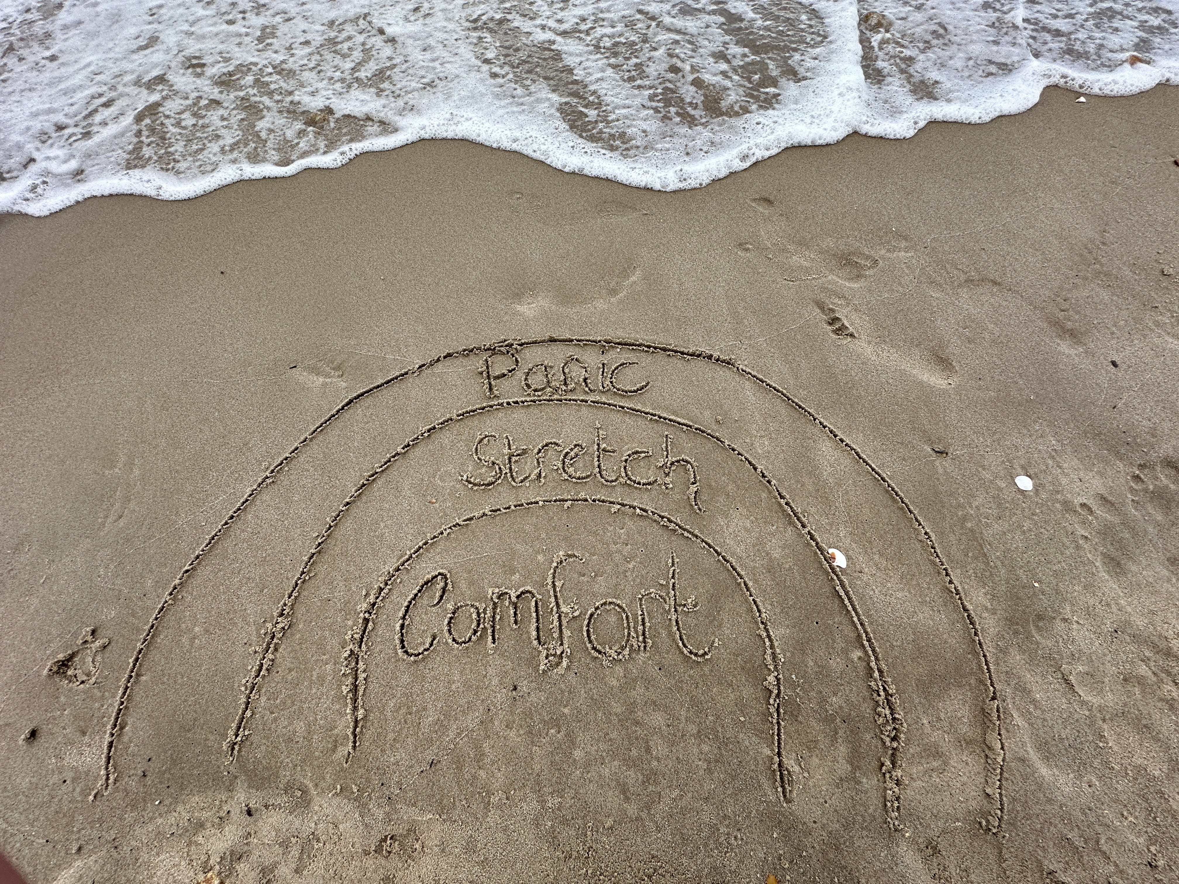 Panic, Stretch, Comfort written into the sand