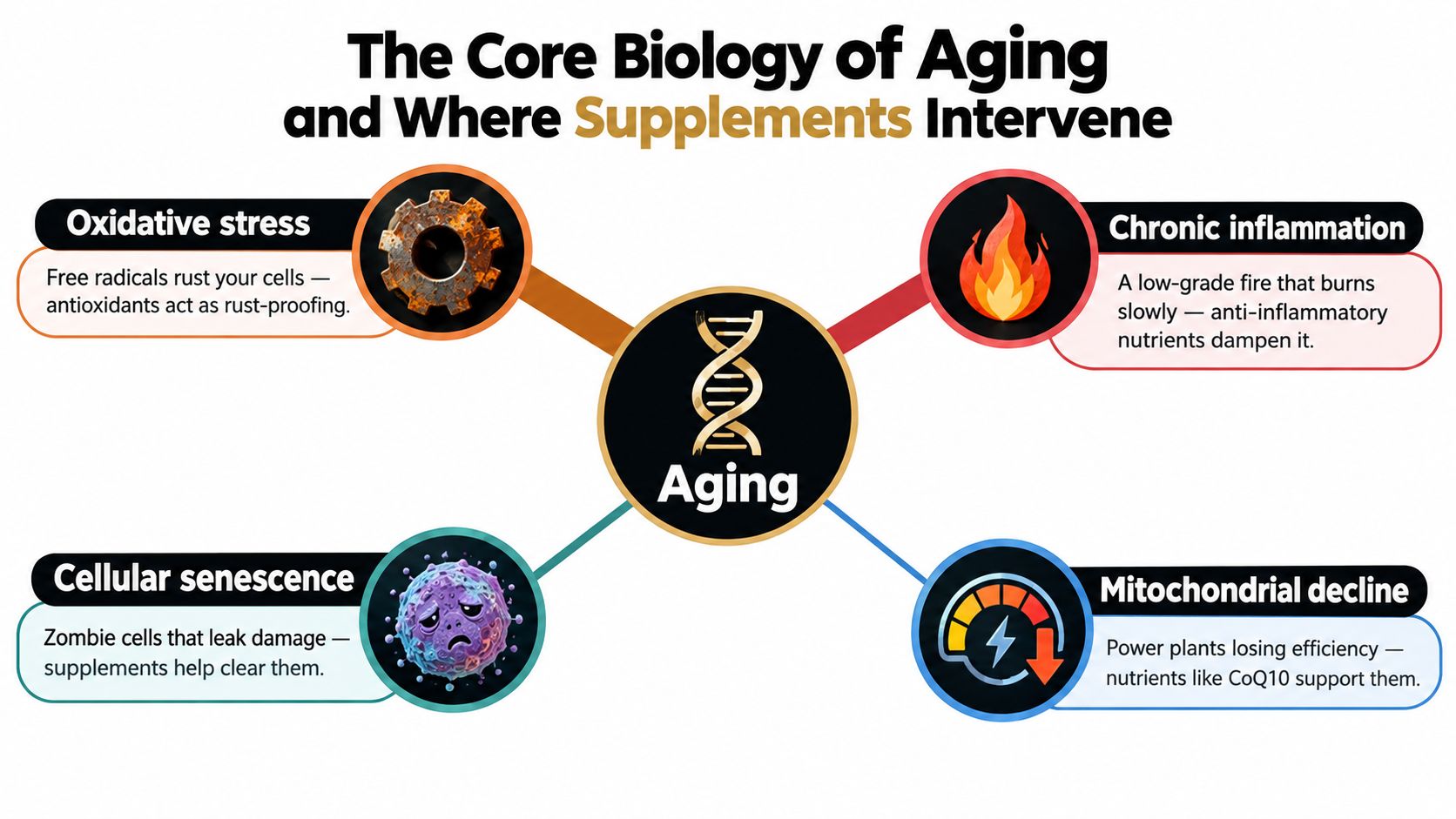 A diagram illustrating the four core biological hallmarks of aging and how supplements can address these processes.