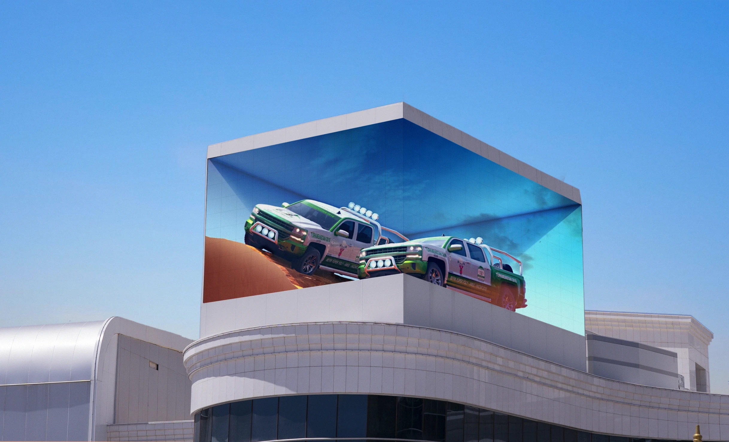 Aquatic CGI transforming the rooftop volume into an open-air aquarium