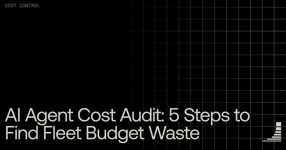 Waxell blog cover: AI agent cost audit framework showing 5 steps to find fleet budget waste