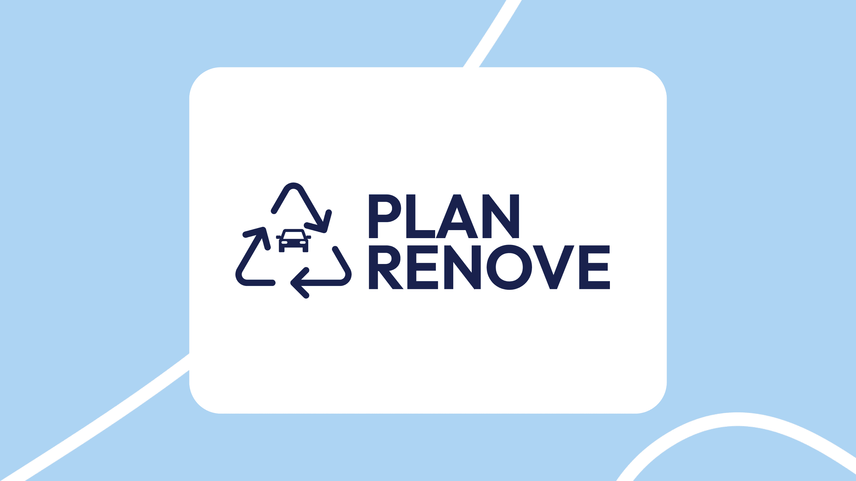 Logotipo del Plan Renove con un icono de reciclaje en forma de triángulo y un coche en el centro, sobre fondo azul claro.