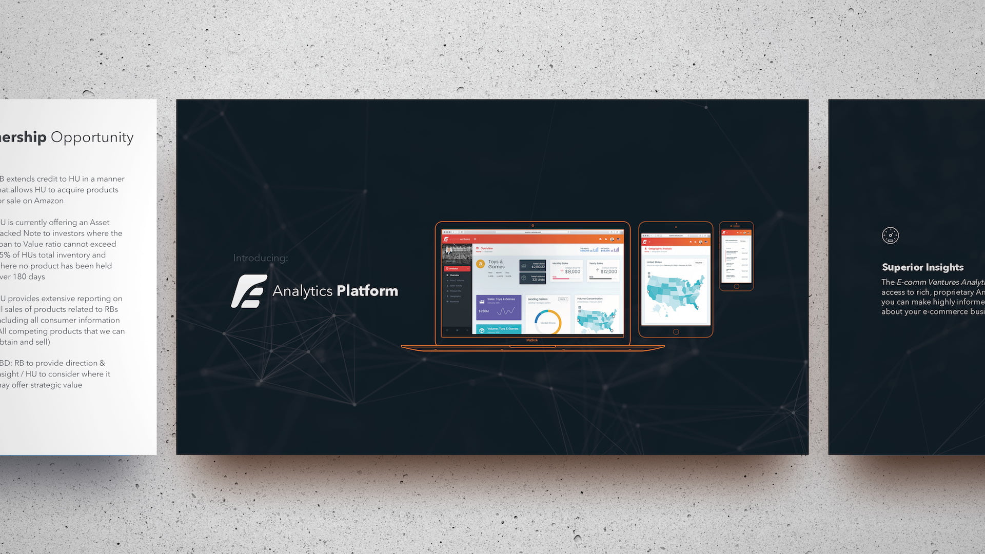 E-Comm Ventures Analytics Platform introduction slide showcasing responsive dashboard mockups across laptop, tablet, and mobile devices on dark tech-inspired background with network node graphics and partnership opportunity details.