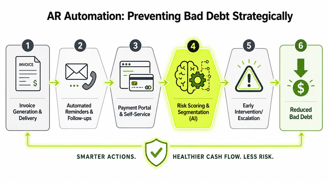 A six-step infographic demonstrating how AR automation strategies help businesses reduce bad debt and improve cash flow.