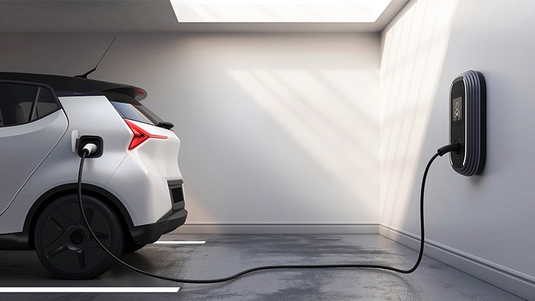 Home EV charging station showing EV plugged in the garage.