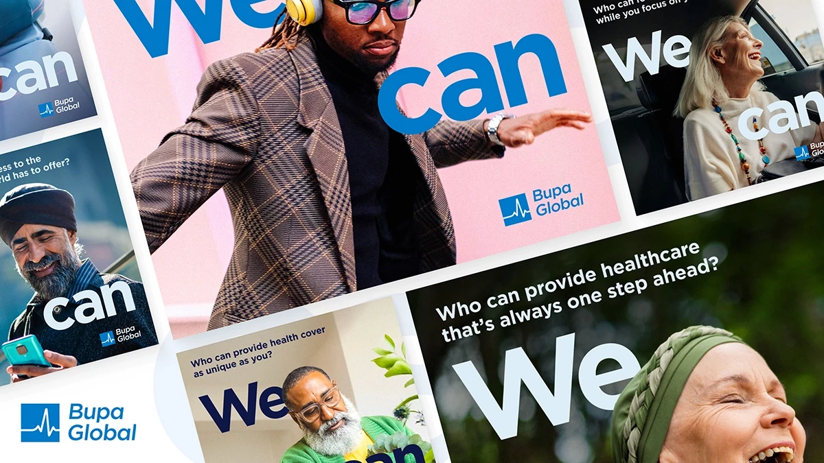 Bupa Global 'We Can' display advertising campaign mosaic showing six diverse lifestyle ads featuring people of different ages and ethnicities with bold blue 'We Can' typography overlay and inclusive healthcare messaging on pink and dark backgrounds