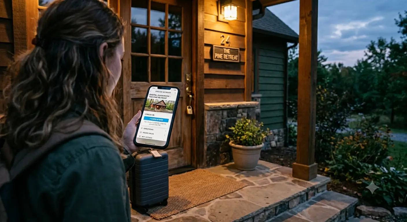 Guest arriving at dusk opening a digital guidebook on their phone to self check in