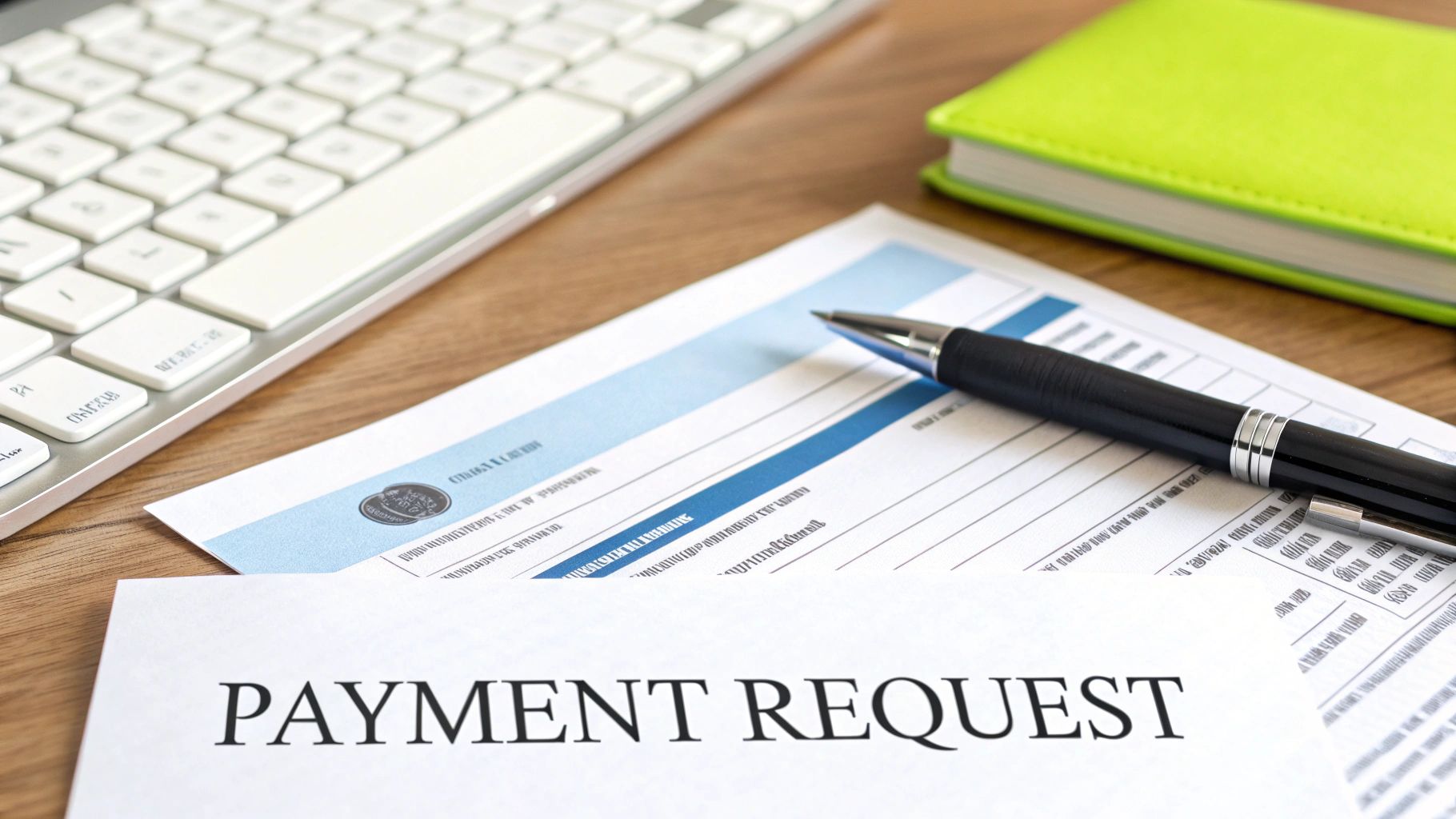 A close-up of a payment request document with a pen, keyboard, and notebook on a wooden desk.