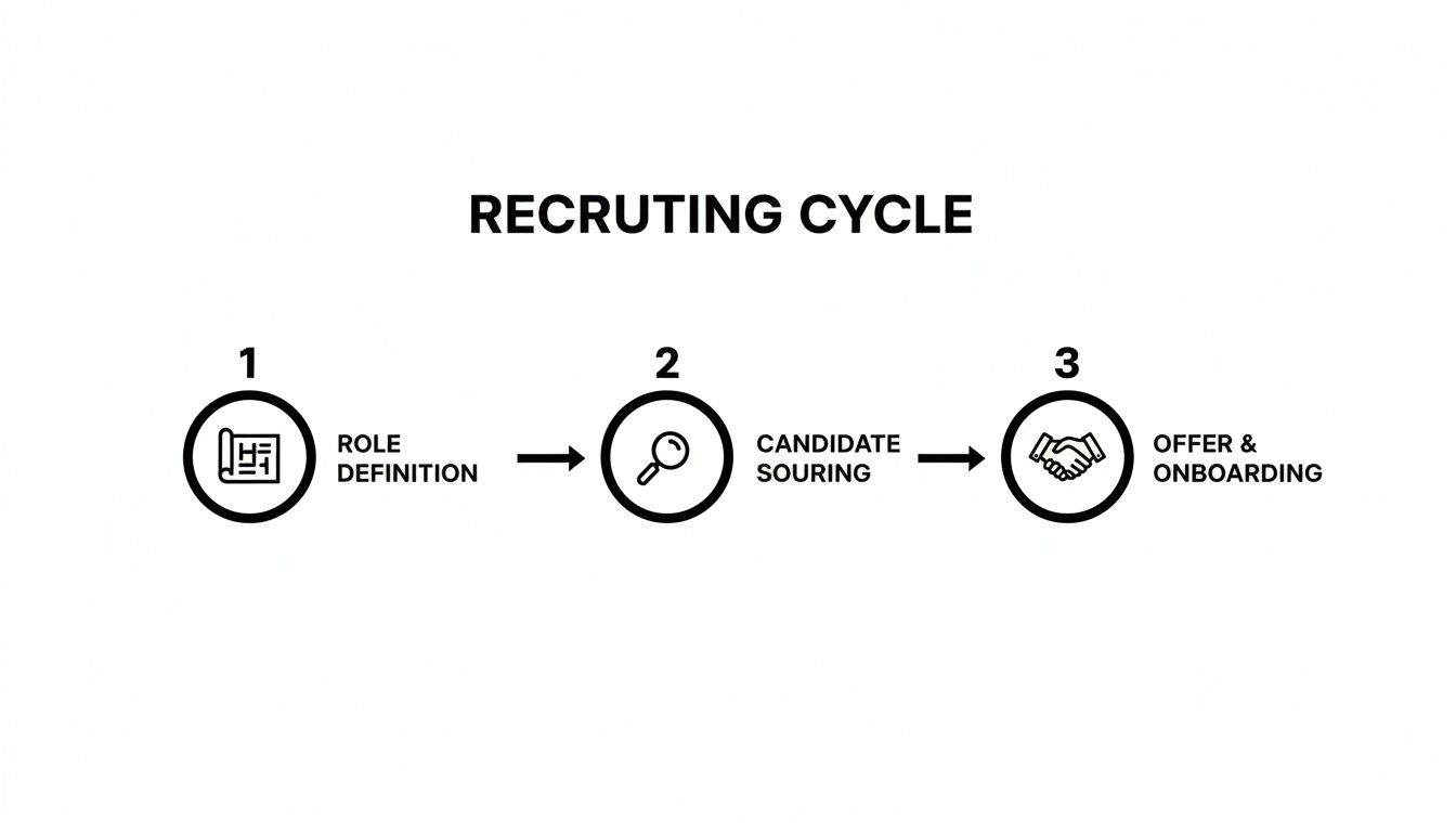 Diagram illustrating the three-step recruiting cycle: role definition, candidate sourcing, and offer and onboarding.
