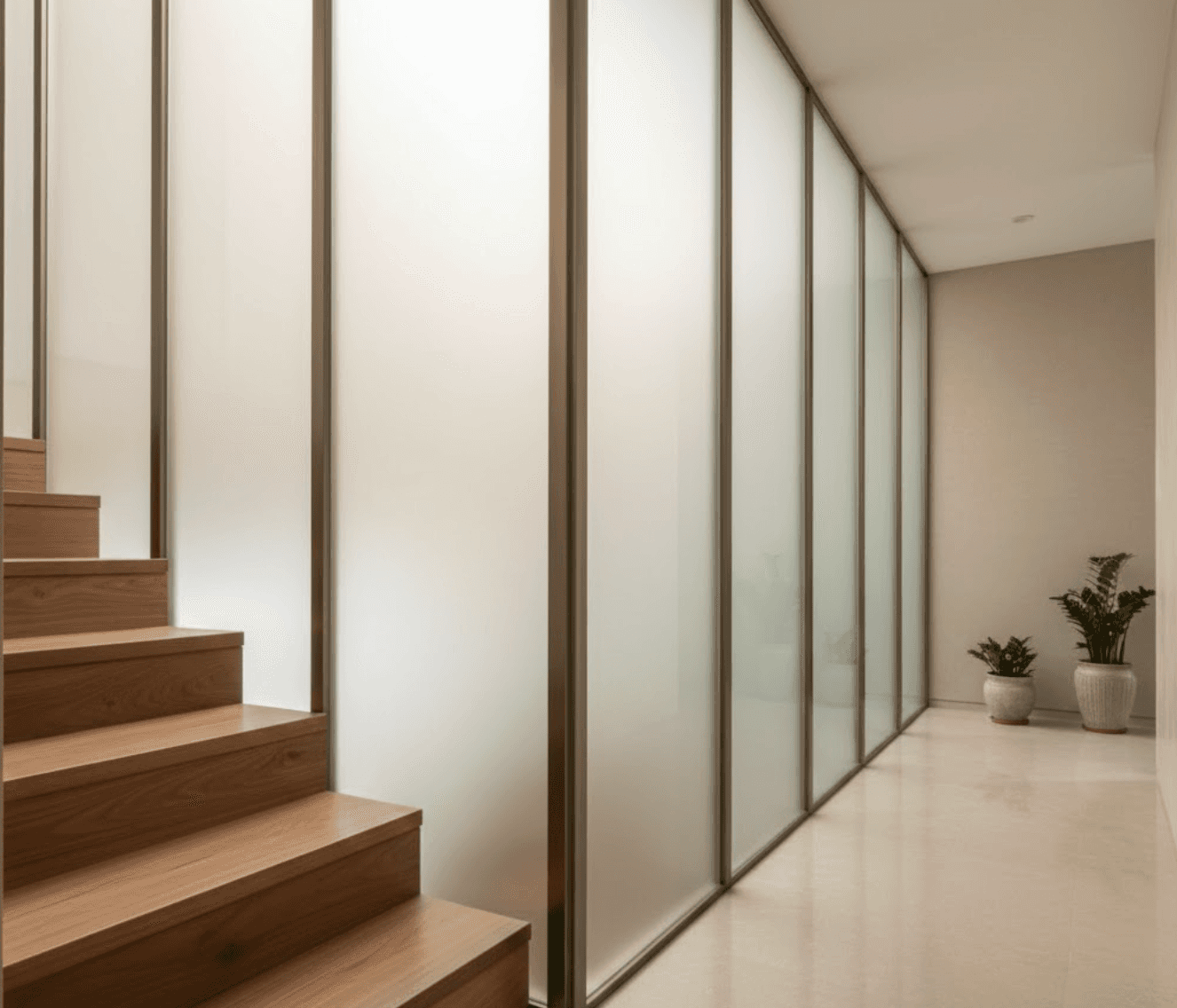 Modern staircase with frosted glass balustrade panels creating soft, diffused light. Acid-etched glass with smooth satin finish. 