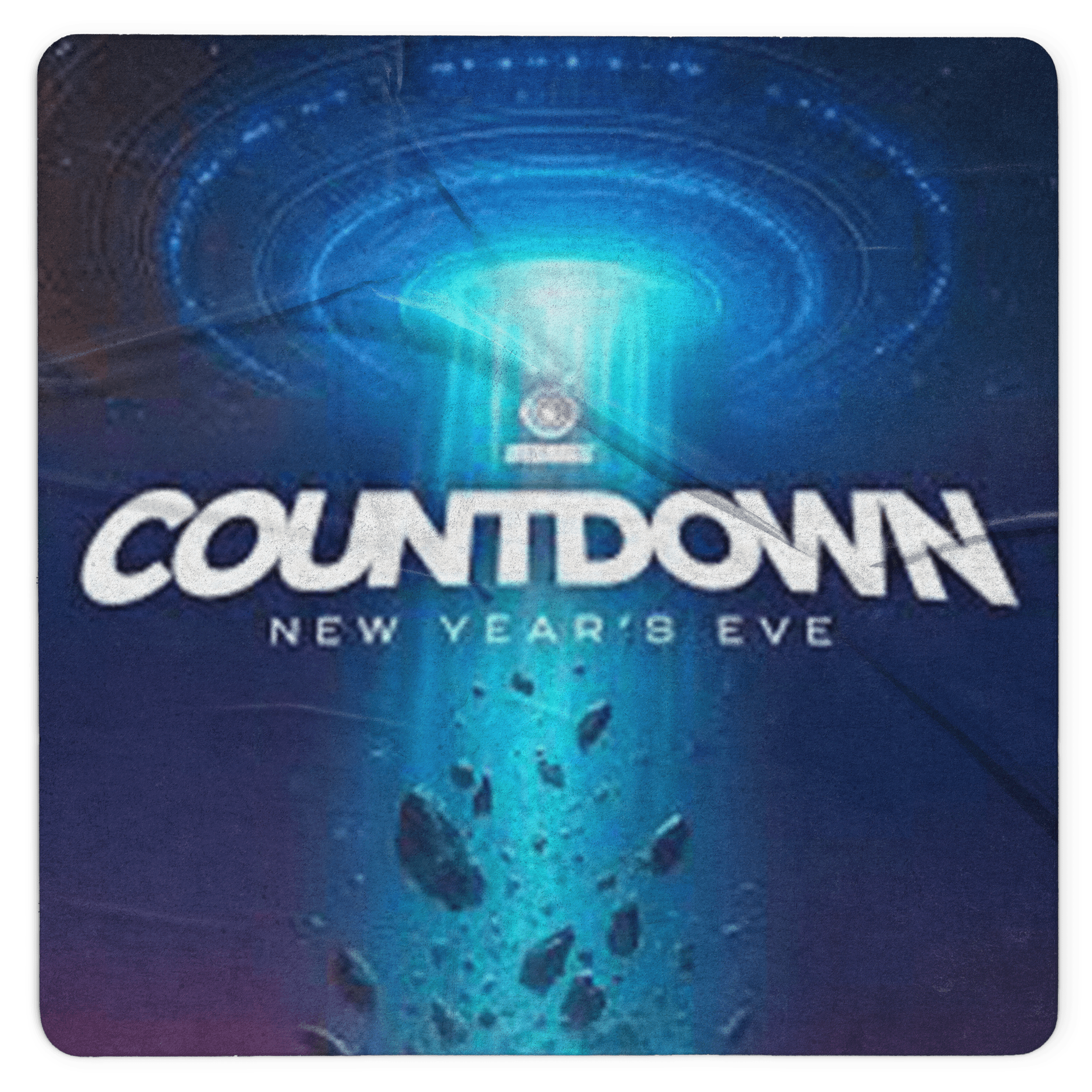 Logo featuring the word "COUNTDOWN" with a futuristic design and a vibrant blue background, suggesting a New Year's Eve theme.