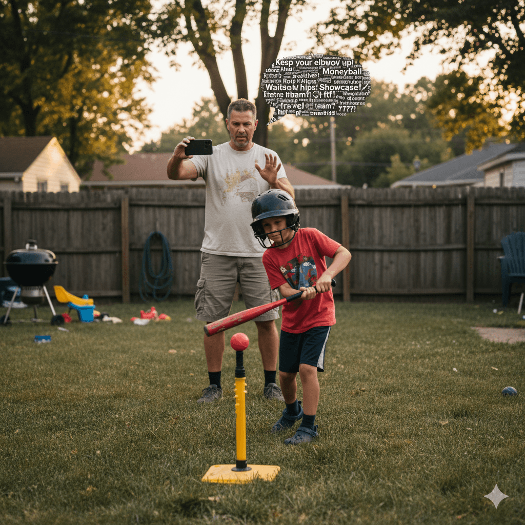 Parent helping child practice baseball swing