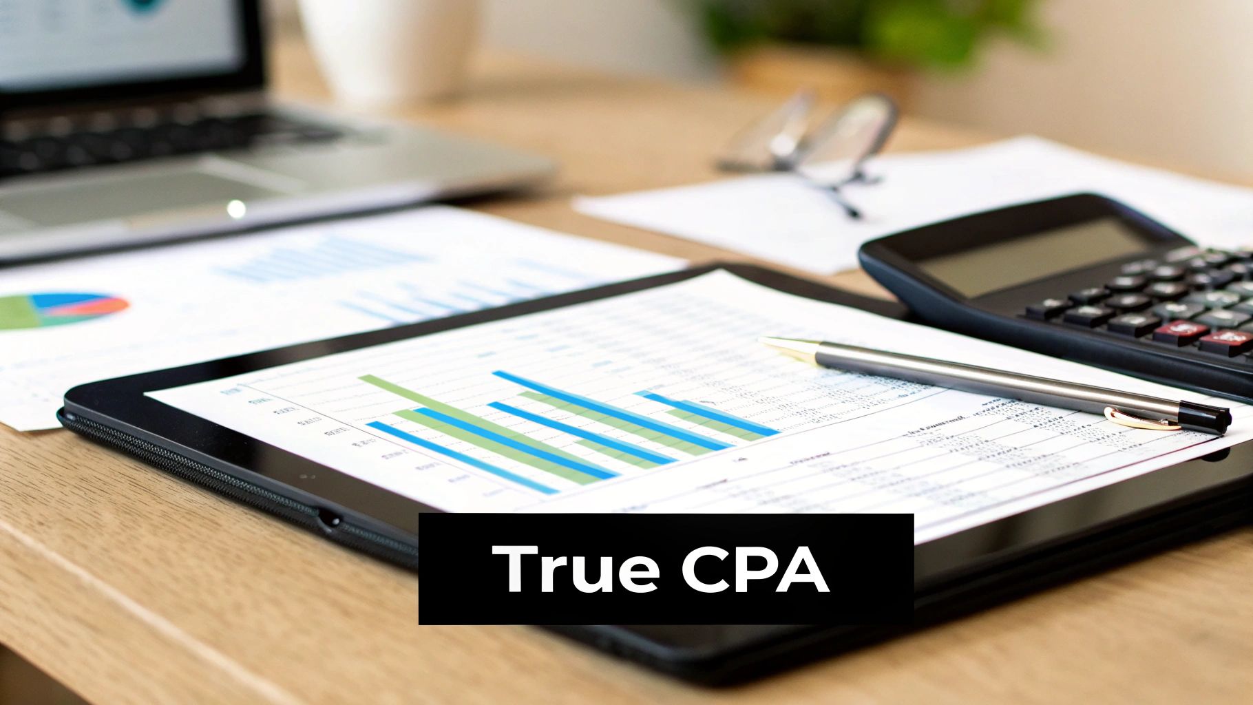 A professional desk setup with a laptop, tablet displaying financial charts, calculator, and pen, representing accounting work.