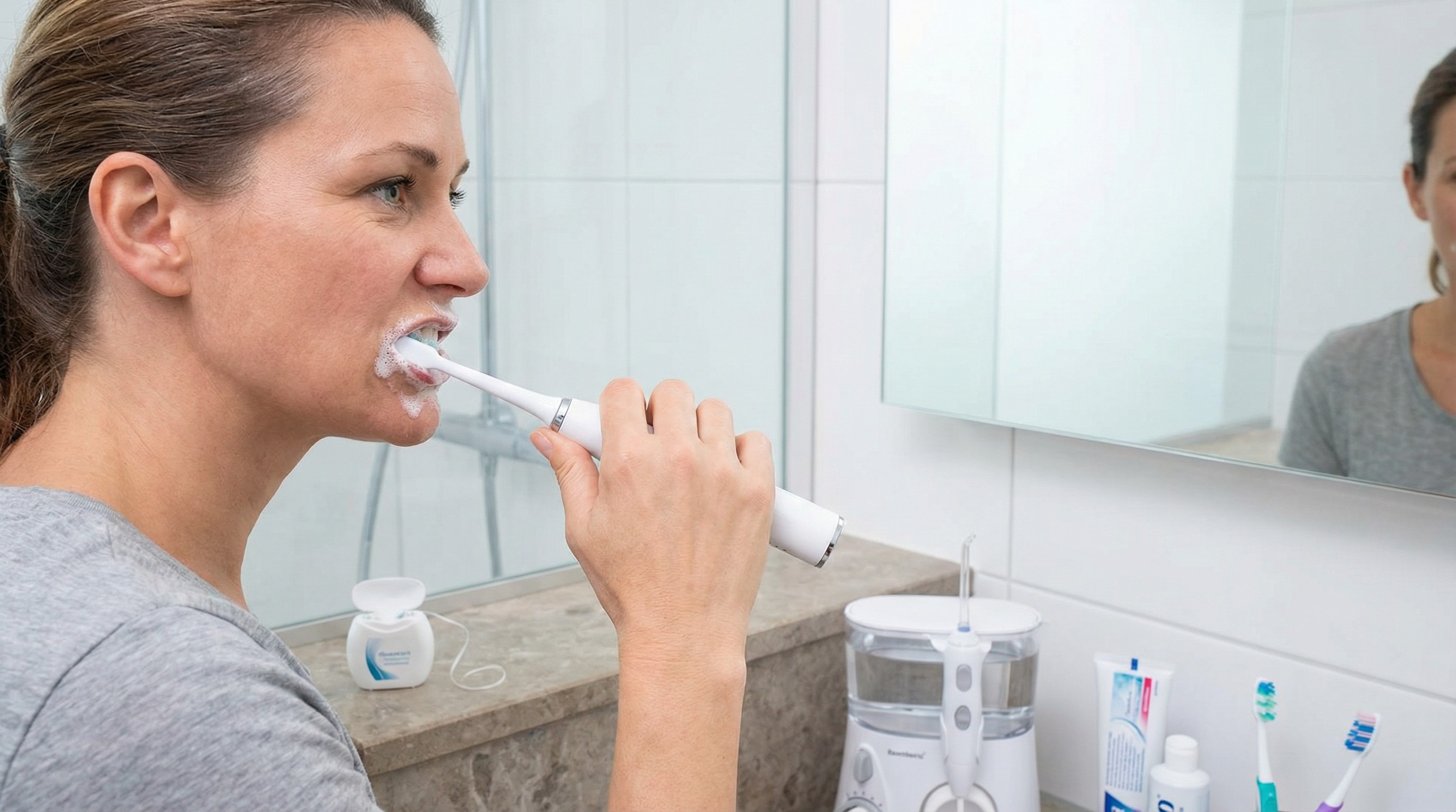 Patient demonstrating excellent oral hygiene habits and daily care routine essential for successful dental implants