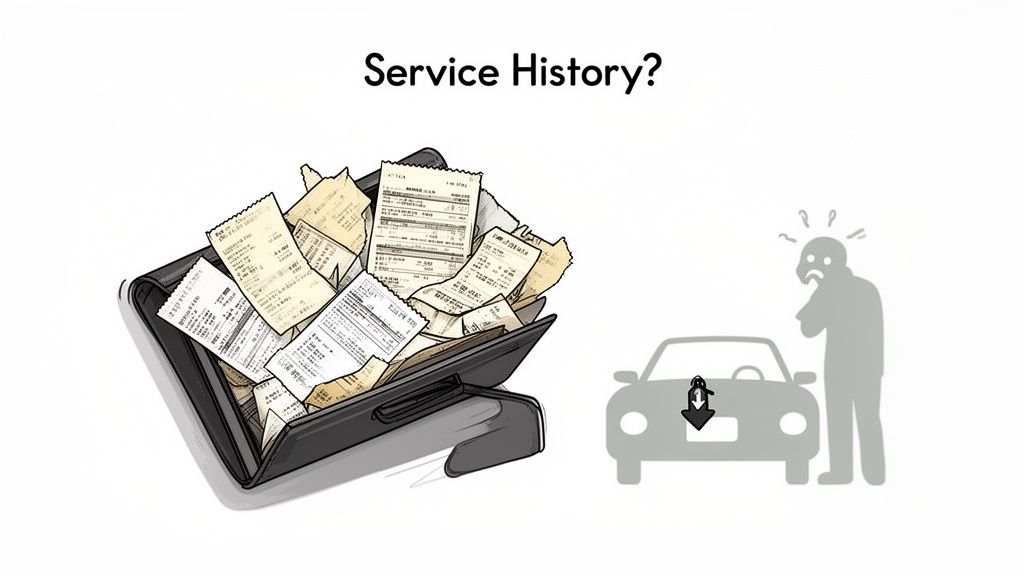 A worried person with their car, next to a wallet overflowing with paper receipts, asking about service history.