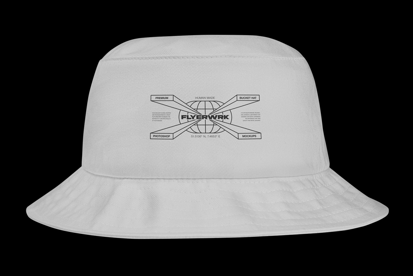 White bucket hat mockup displaying a minimalist black geometric logo with realistic fabric texture