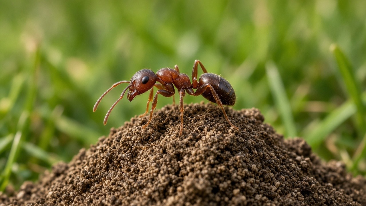 Red imported fire ant on top of a soil mound in a green lawn, why fire ants are so tough to control in McKinney, TX