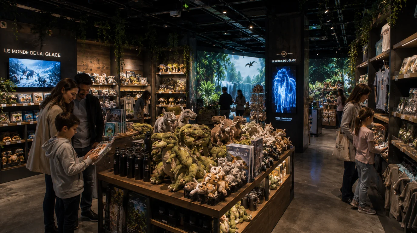 Une famille explore la boutique de souvenirs d'Hologram Zoo, entourée de peluches dinosaures et d'écrans affichant des.