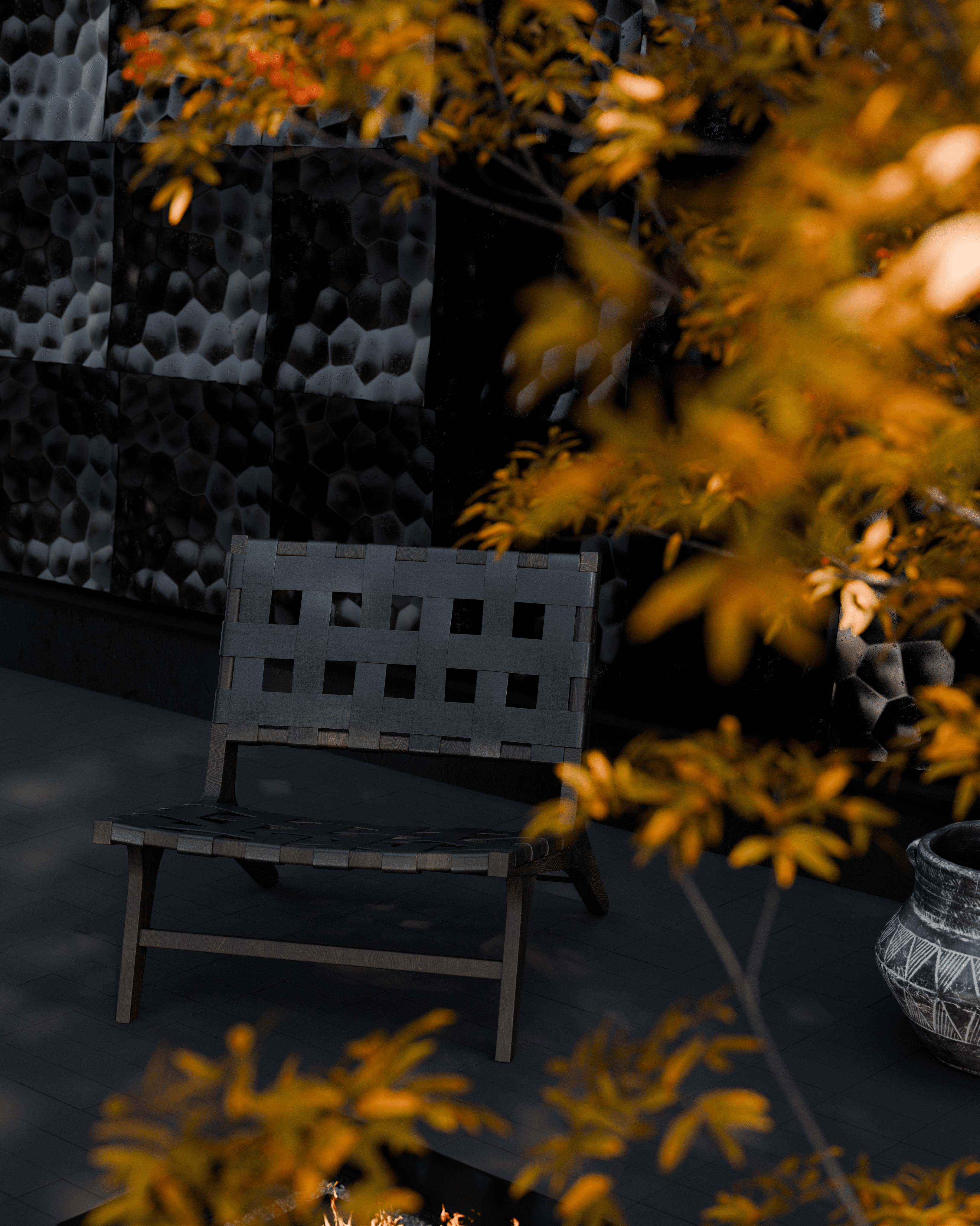 Rendu 3D détail d'un fauteuil noir dans un espace extérieur monochrome, façade texturée inspirée de Pierre Soulages — Aure Moukala
