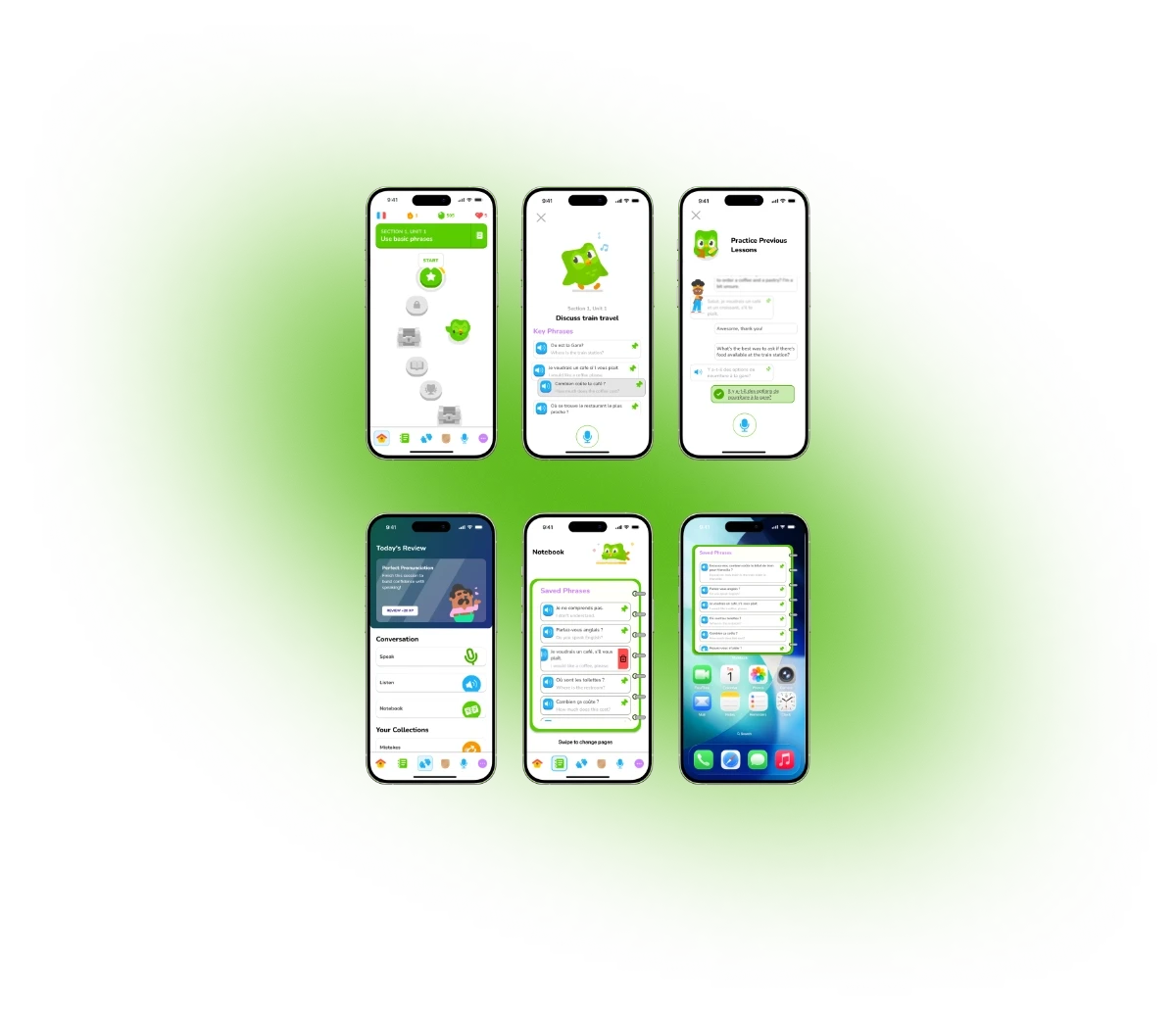 Six iPhone mockups showing DuoChat feature screens including lesson section overview, role-play conversation interface, today's review screen, notebook with saved phrases, and the phrasebook home screen widget