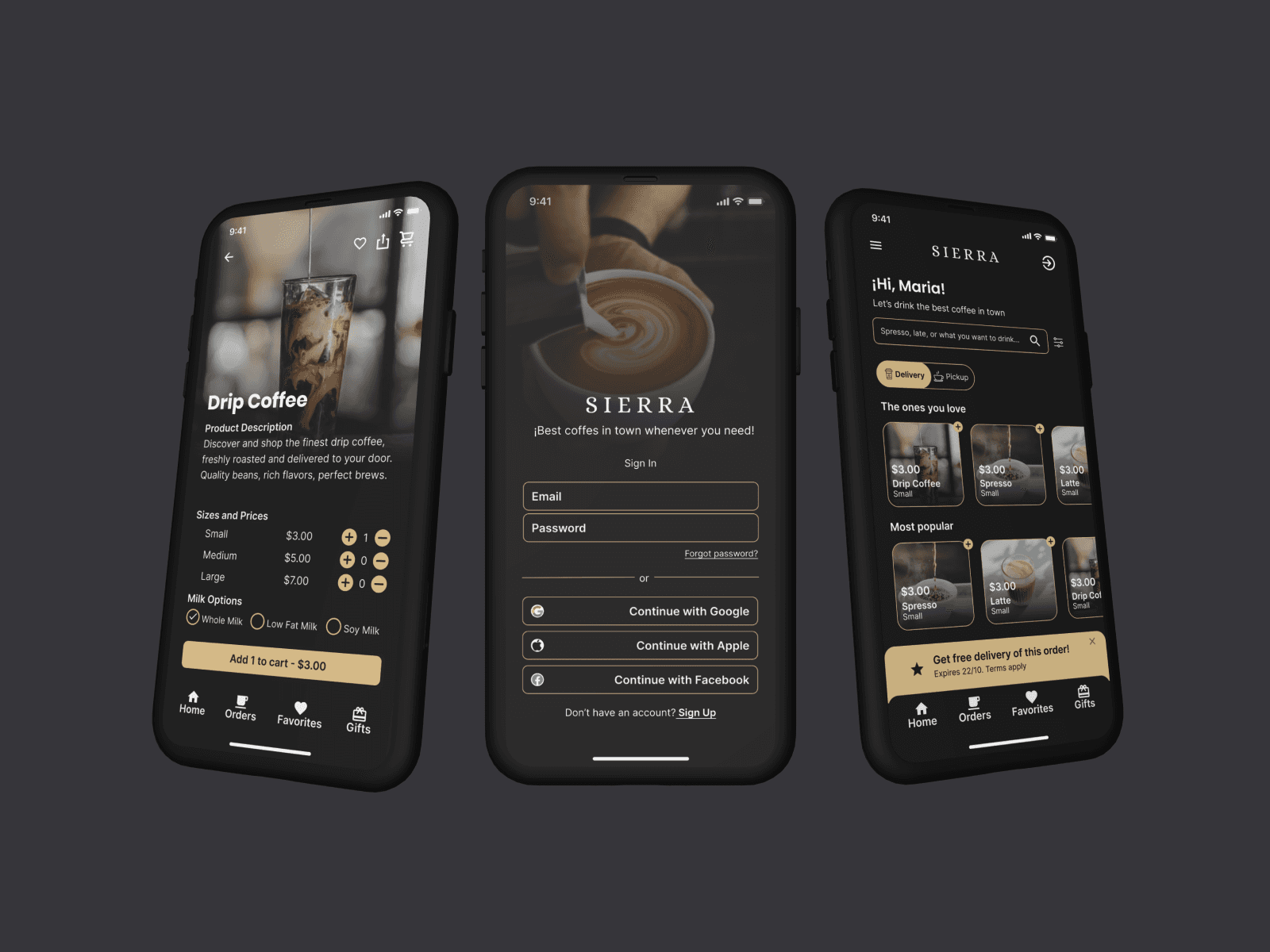 Screens from the coffee app