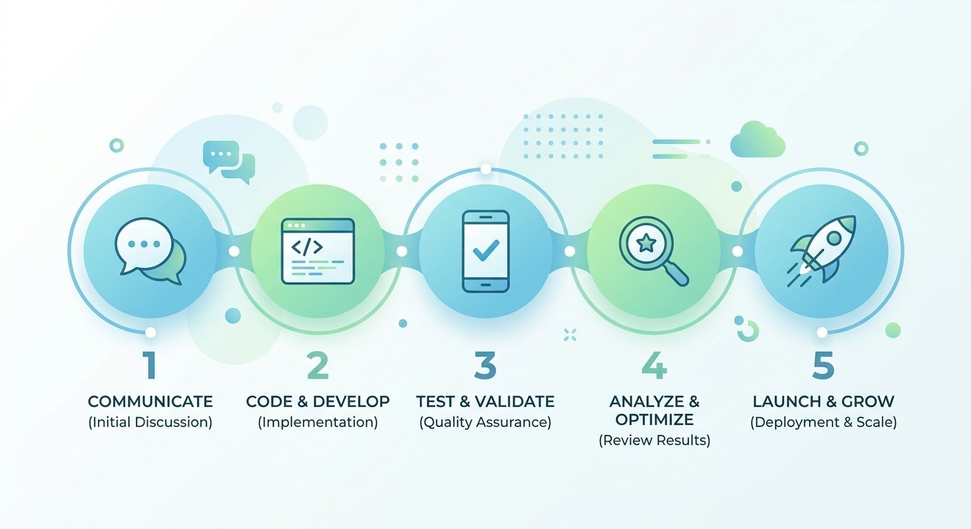 Five-step workflow infographic showing communicate, code, test, analyze, and launch stages of AI Android app development