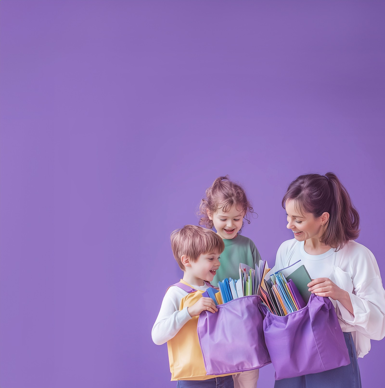 Mother and her two daughters are unpacking the groceries