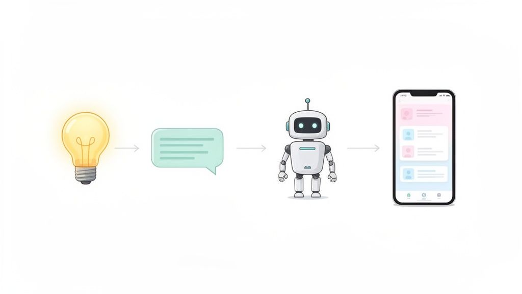 A conceptual diagram showing an idea, transformed into instructions, processed by a robot, resulting in a mobile app.