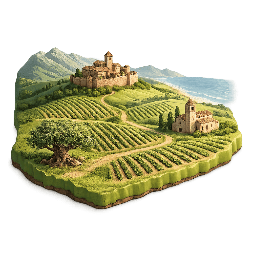 Artistic illustration of the Marche wine region.