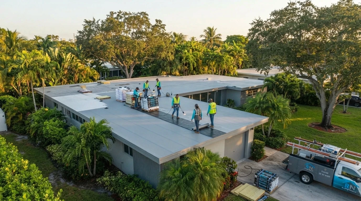 Low-slope modified bitumen roof replacement on a mid-century Fort Lauderdale home