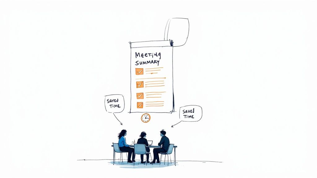 Three people review a meeting summary document, with arrows pointing to 'Saved Time' and a clock, illustrating efficiency.