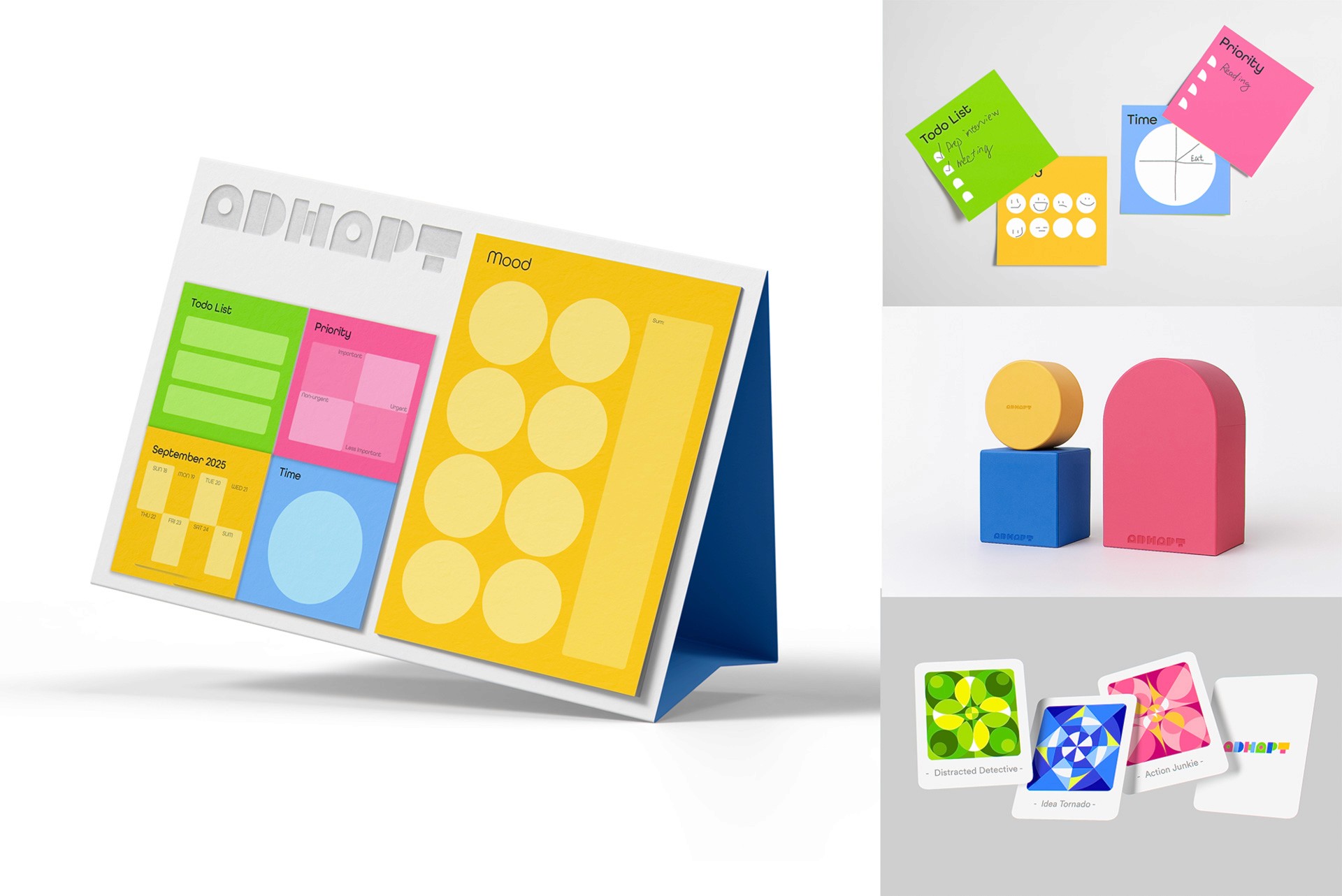 A white board titled “OdHOPF” displays a grid of colorful sticky notes with labels like “Todo List,” “Priority,” “Time,” and “Mood.” Three smaller images show additional sticky notes with labels such as “Todo List,” “Top New Items,” and “Time,” alongside colorful blocks and spheres. The board is angled and rests on a white surface.