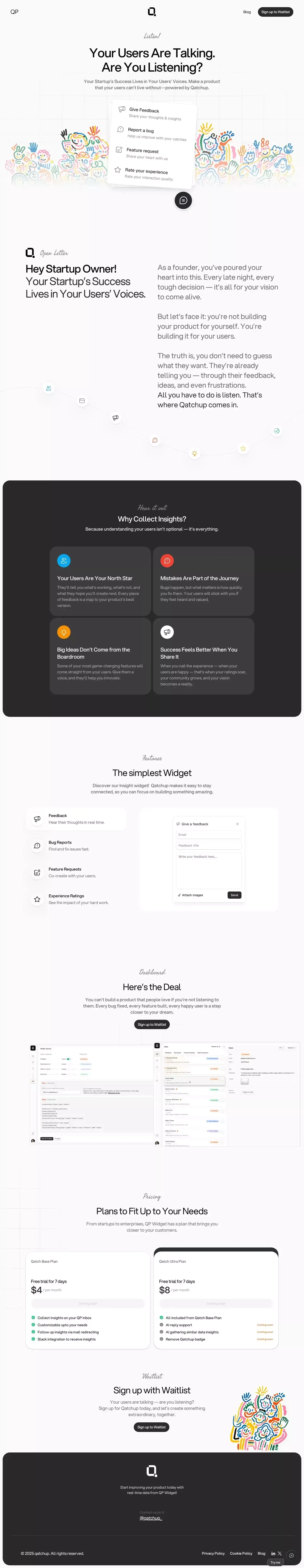 qatch up with your product! landing page screenshot showcasing Tech design