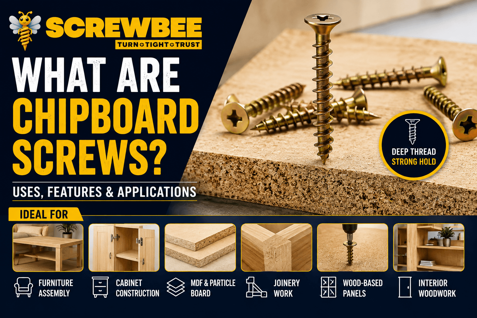 Chipboard screws uses and applications in MDF, particle board, furniture and joinery