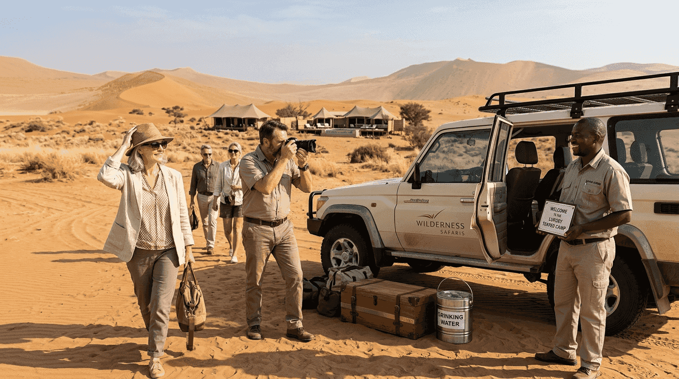 Guests arrive at Namib Desert luxury camp