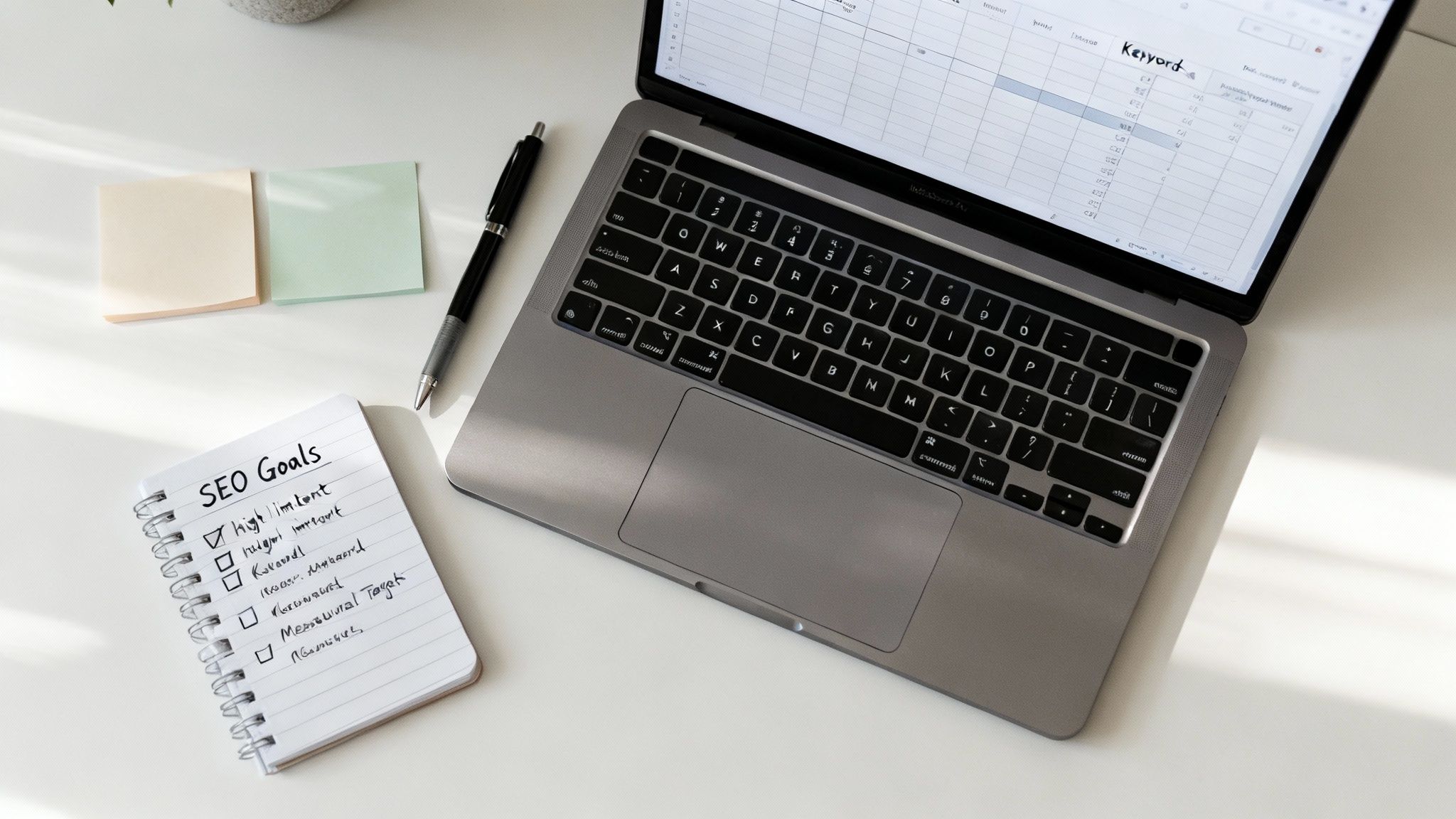 A flat lay of a desk with a laptop displaying an SEO keyword spreadsheet and a notebook with SEO goals.