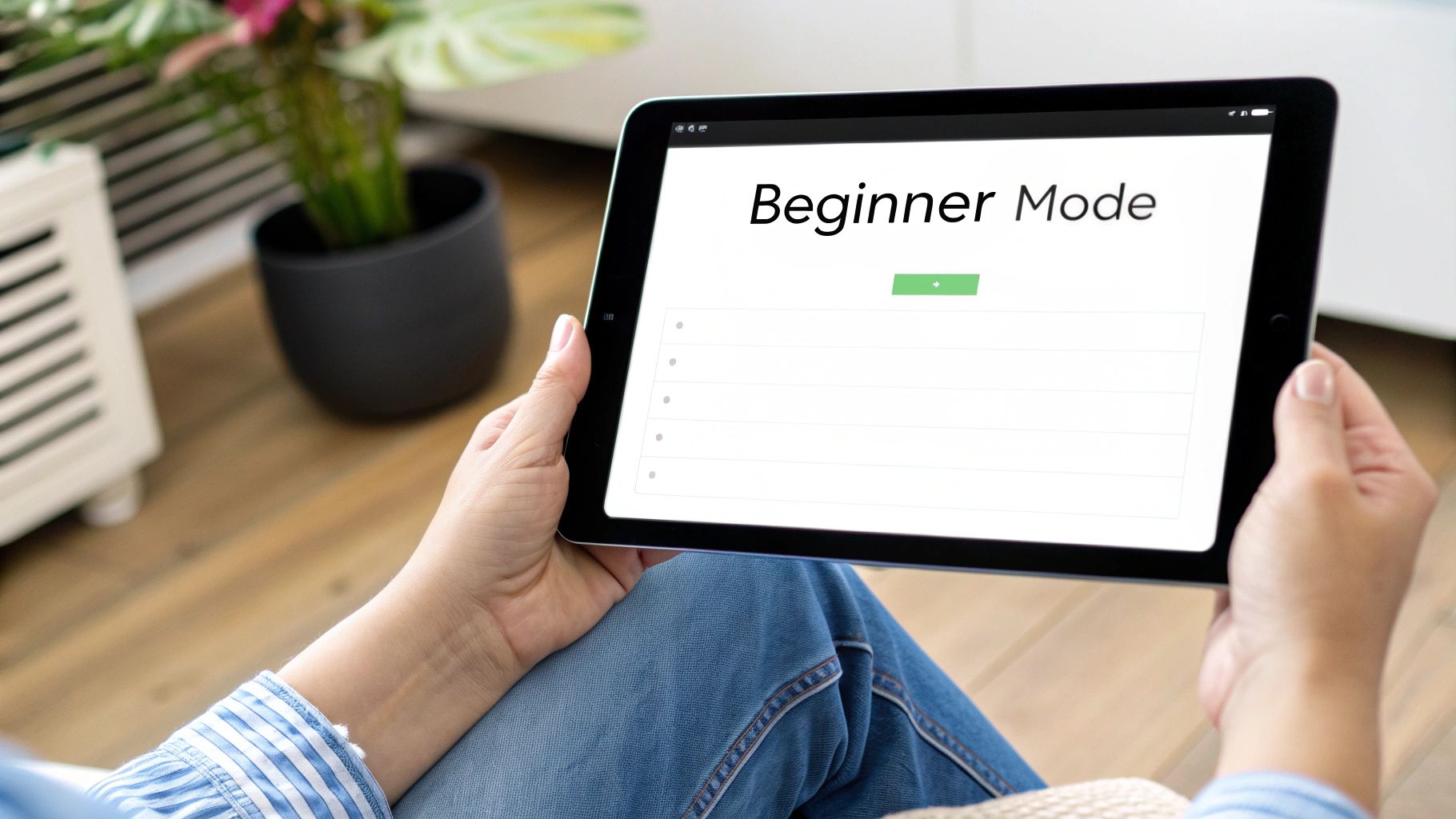 Person holding a tablet horizontally, displaying 'Beginner Mode' on the screen with multiple options.