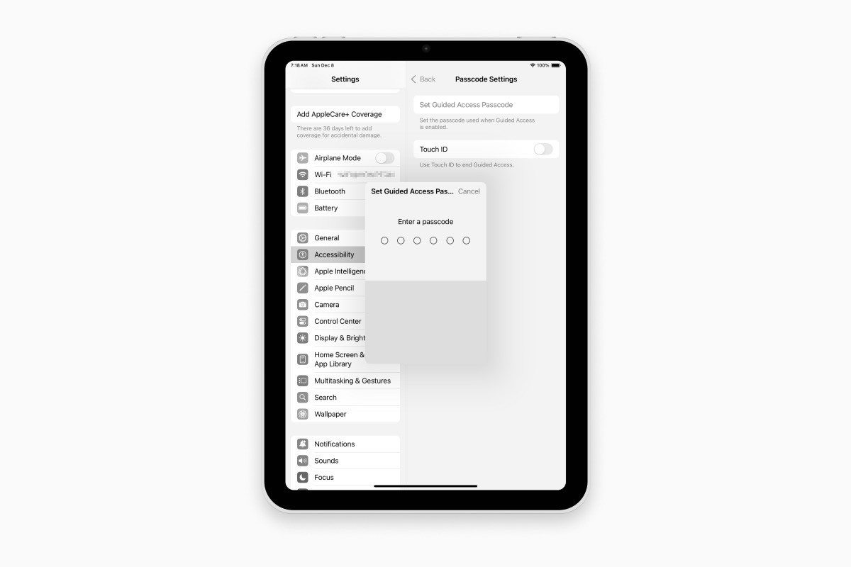 Setting the Guided Access passcode in iPad settings