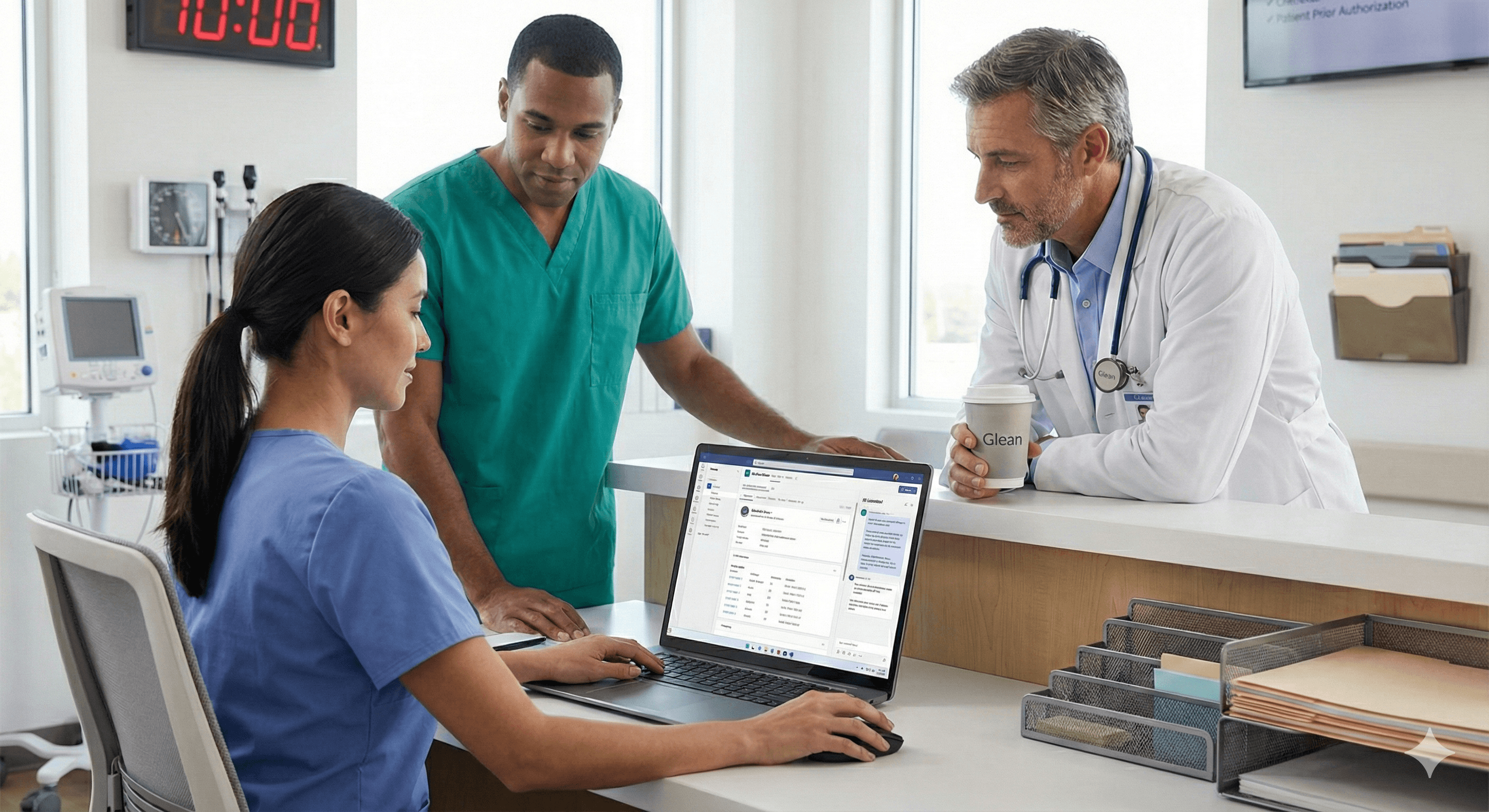 In a modern medical office, healthcare professionals collaborate around a laptop displaying data analytics, exemplifying AI for healthcare efficiency.