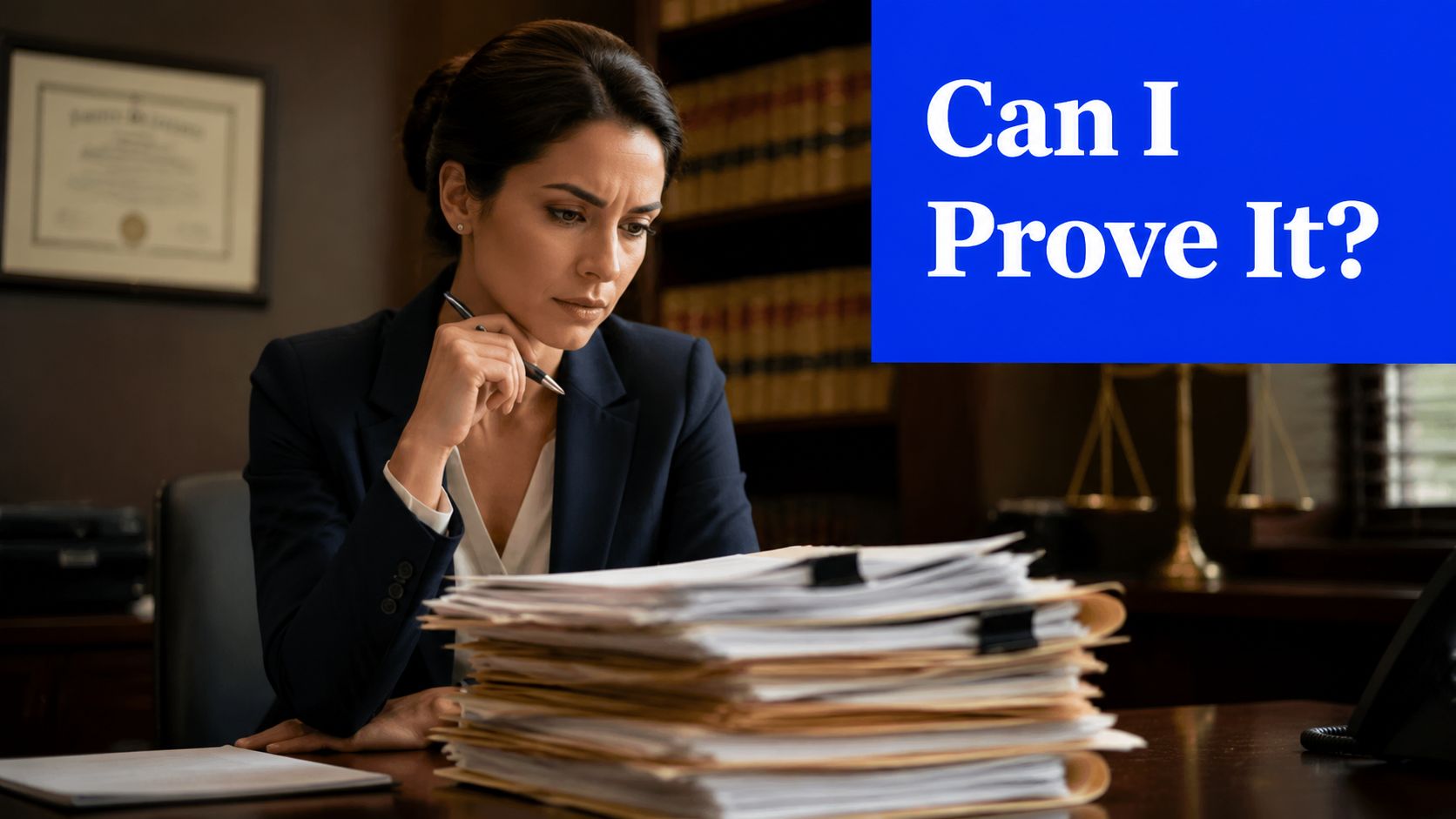 A professional female attorney sits at her desk reviewing a large stack of legal documents.