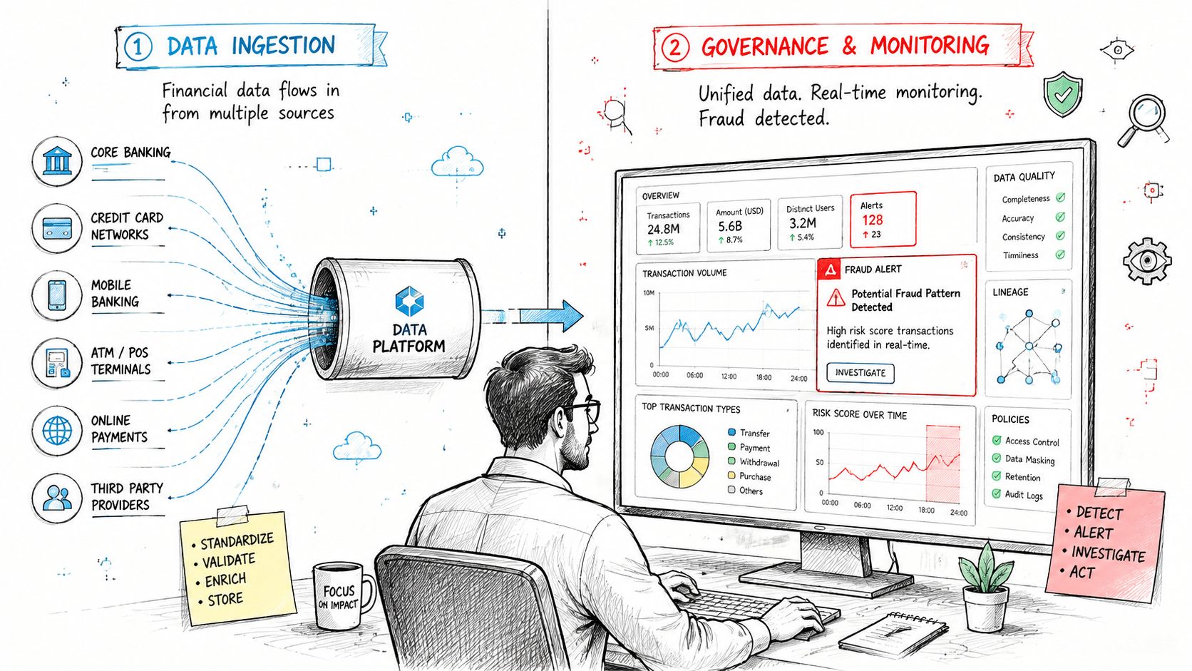 A digital illustration showing a data platform processing financial inputs for real-time fraud monitoring and governance.