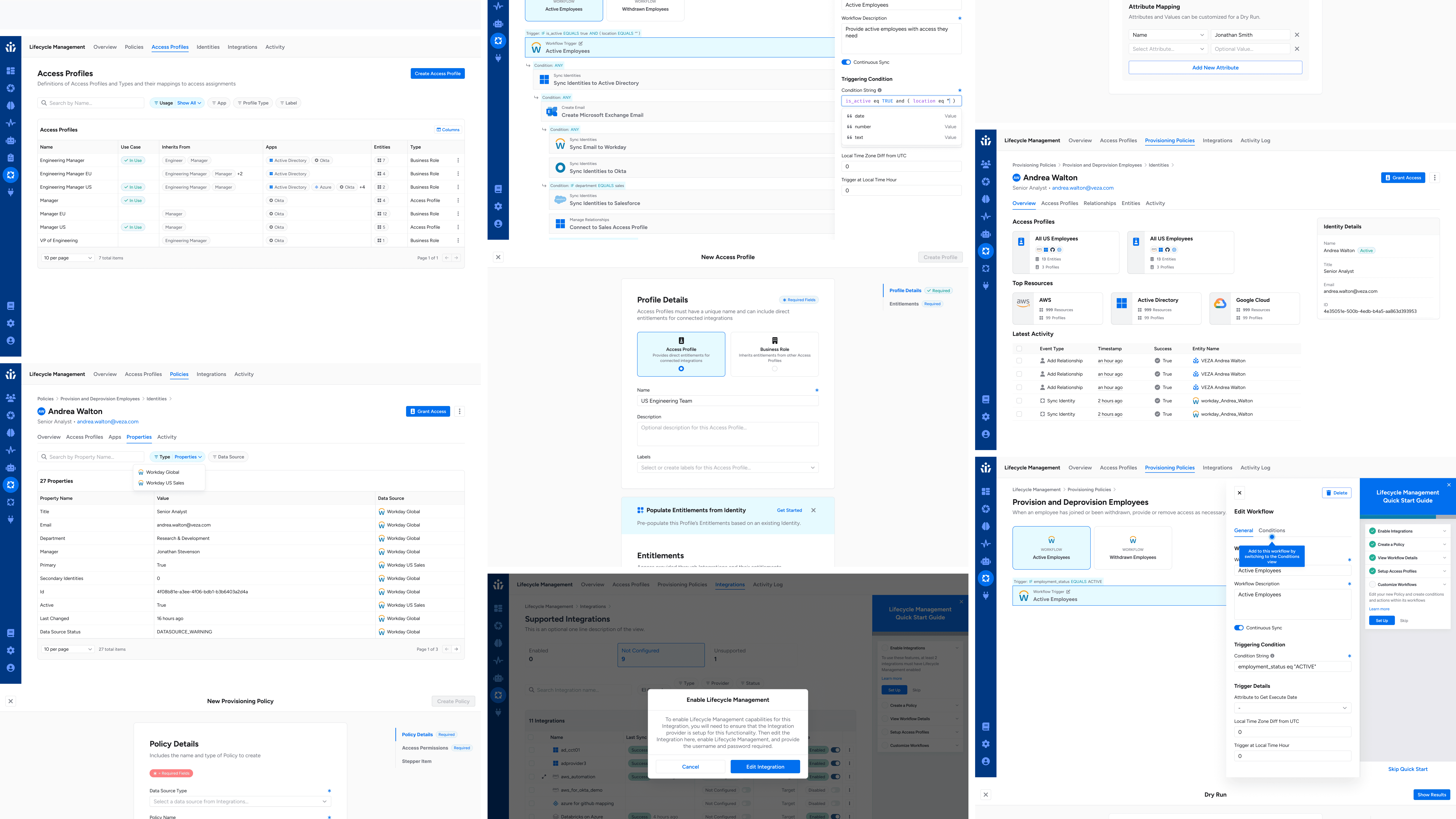 Collection of screenshots showcasing Veza's Lifecycle Management features