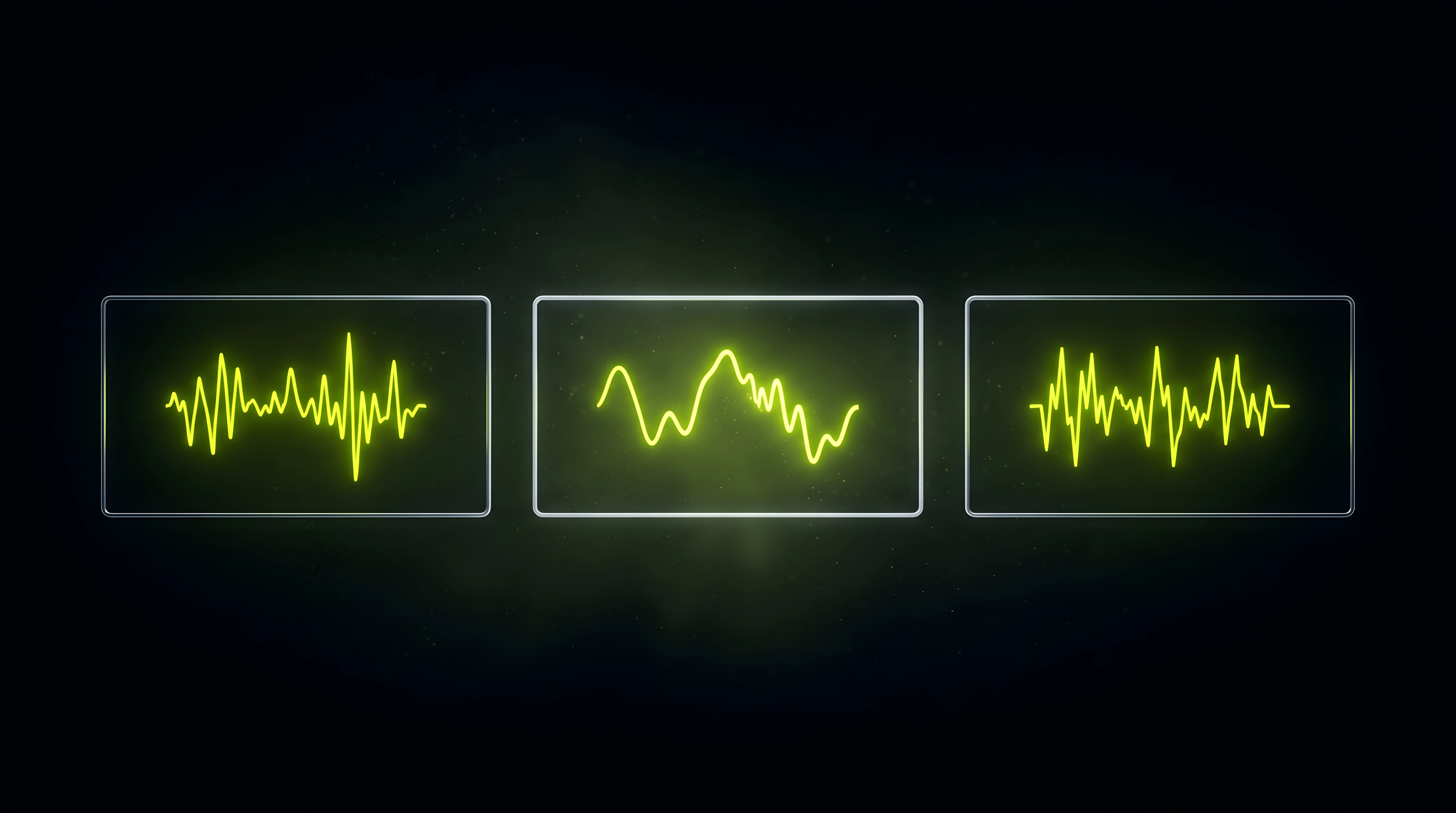 Three glowing toxic lime waveform cards arranged side by side on deep void black, each framed by a thin liquid chrome border, representing three sound logo options presented for a decision.