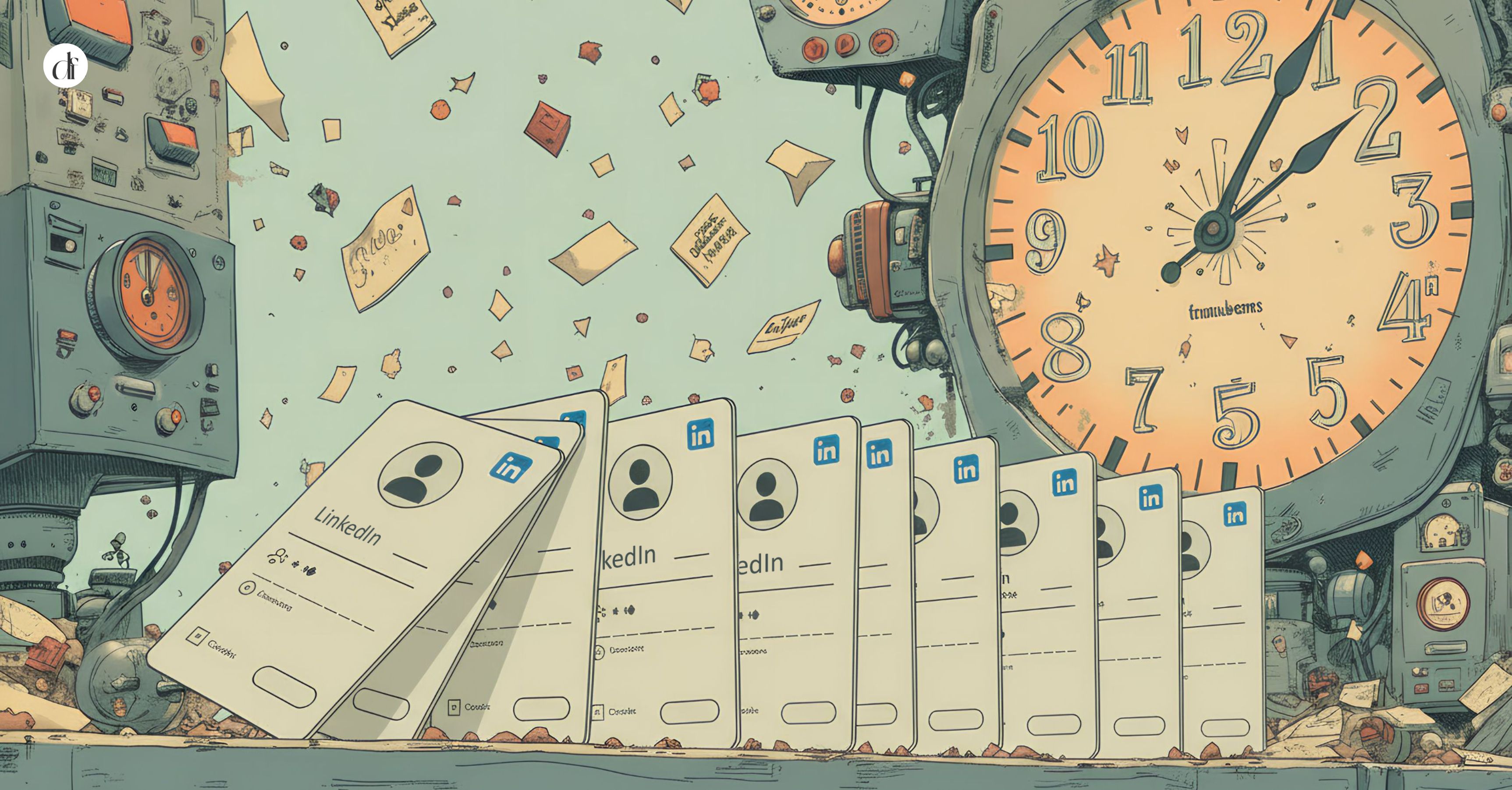 LinkedIn personal branding illustration with profiles and clocks showing B2B networking strategy by Dreamforge.