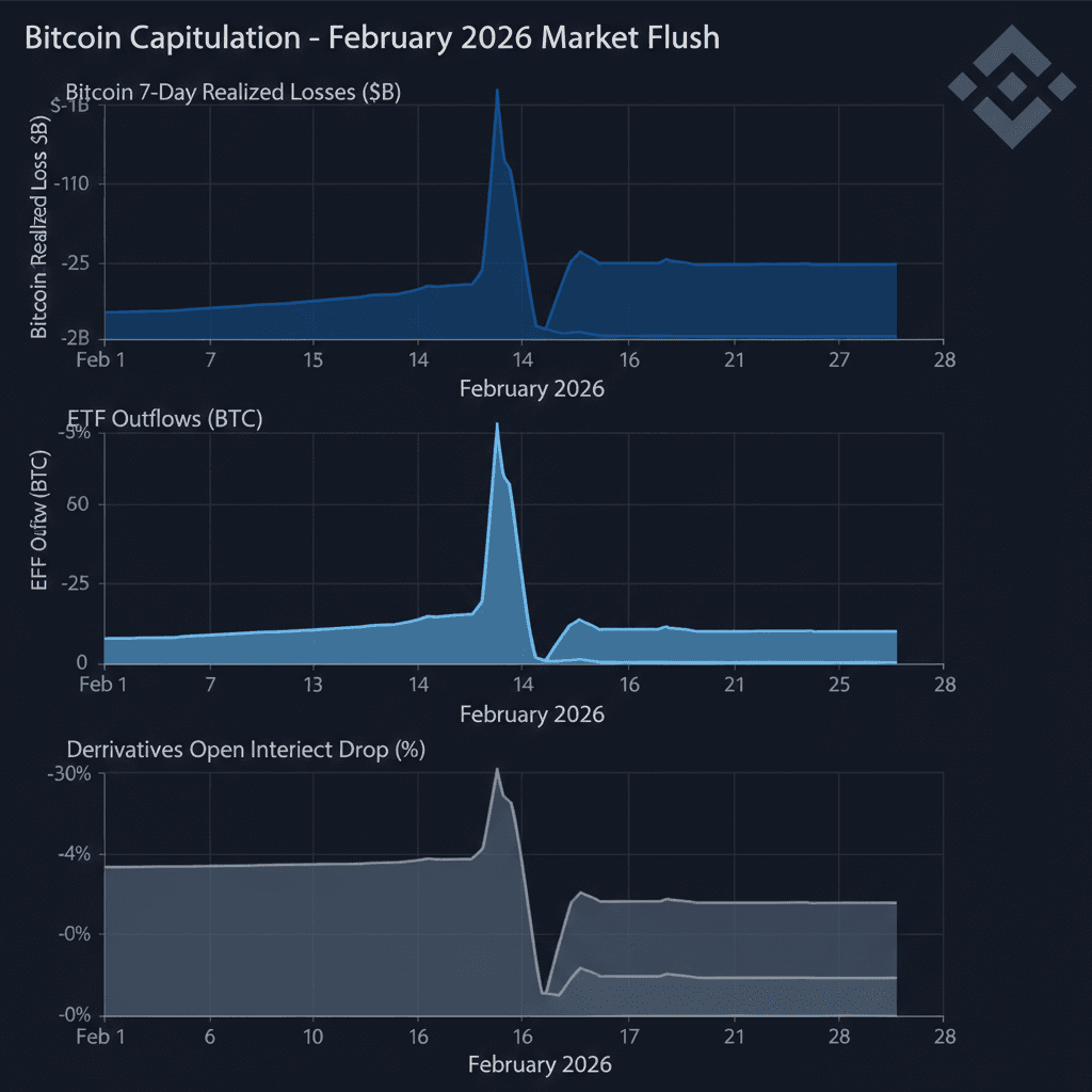 Bitcoin 7-day realized losses, ETF outflows, derivatives OI drop